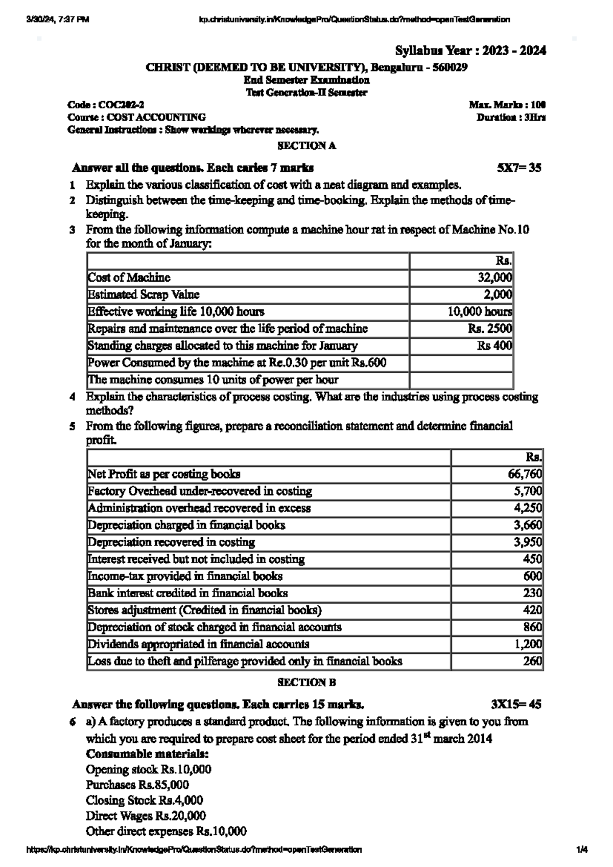 COST ACCOUNTING - End Semester Exam Practice Questions 2023-24 - Studocu
