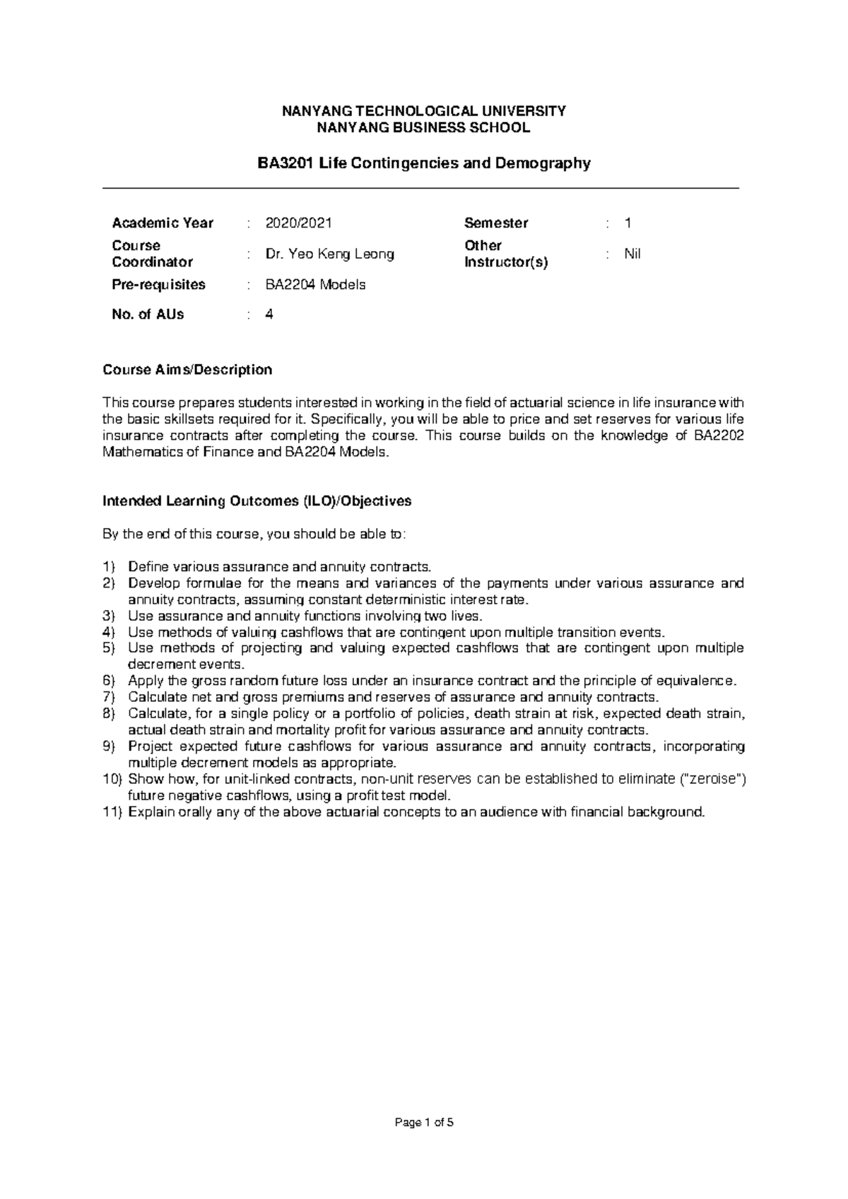 BA3201 Course Outline: Life Contingencies and Demography - Studocu