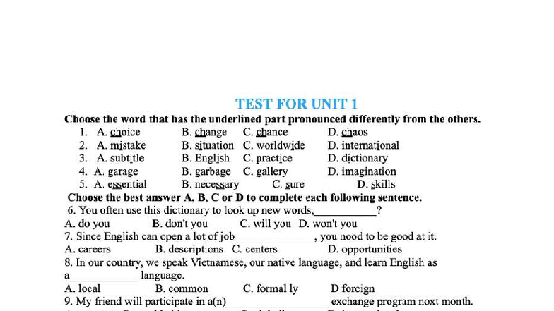 Test for Unit 1: Pronunciation and Vocabulary Practice - Studocu