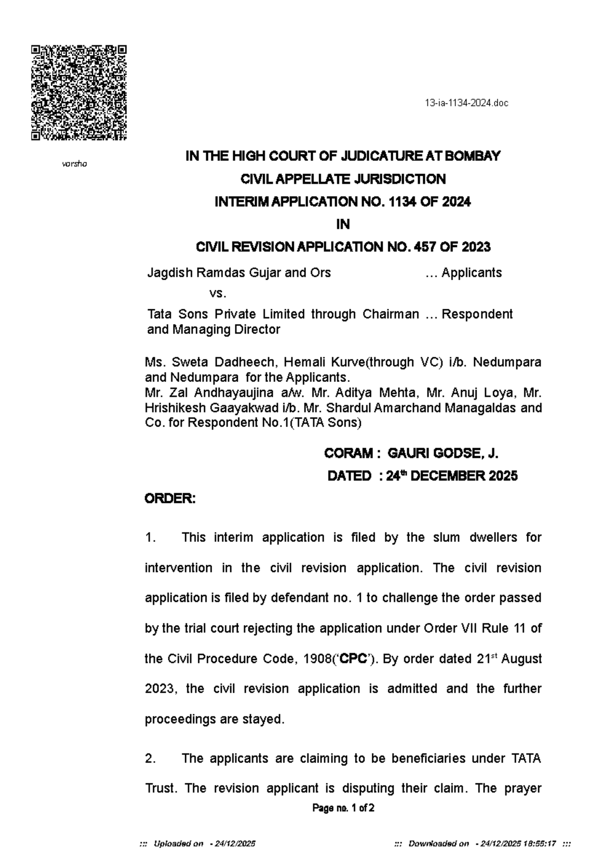 Interim Application No. 1134 of 2024 in Civil Revision No. 457 of 2023 ...