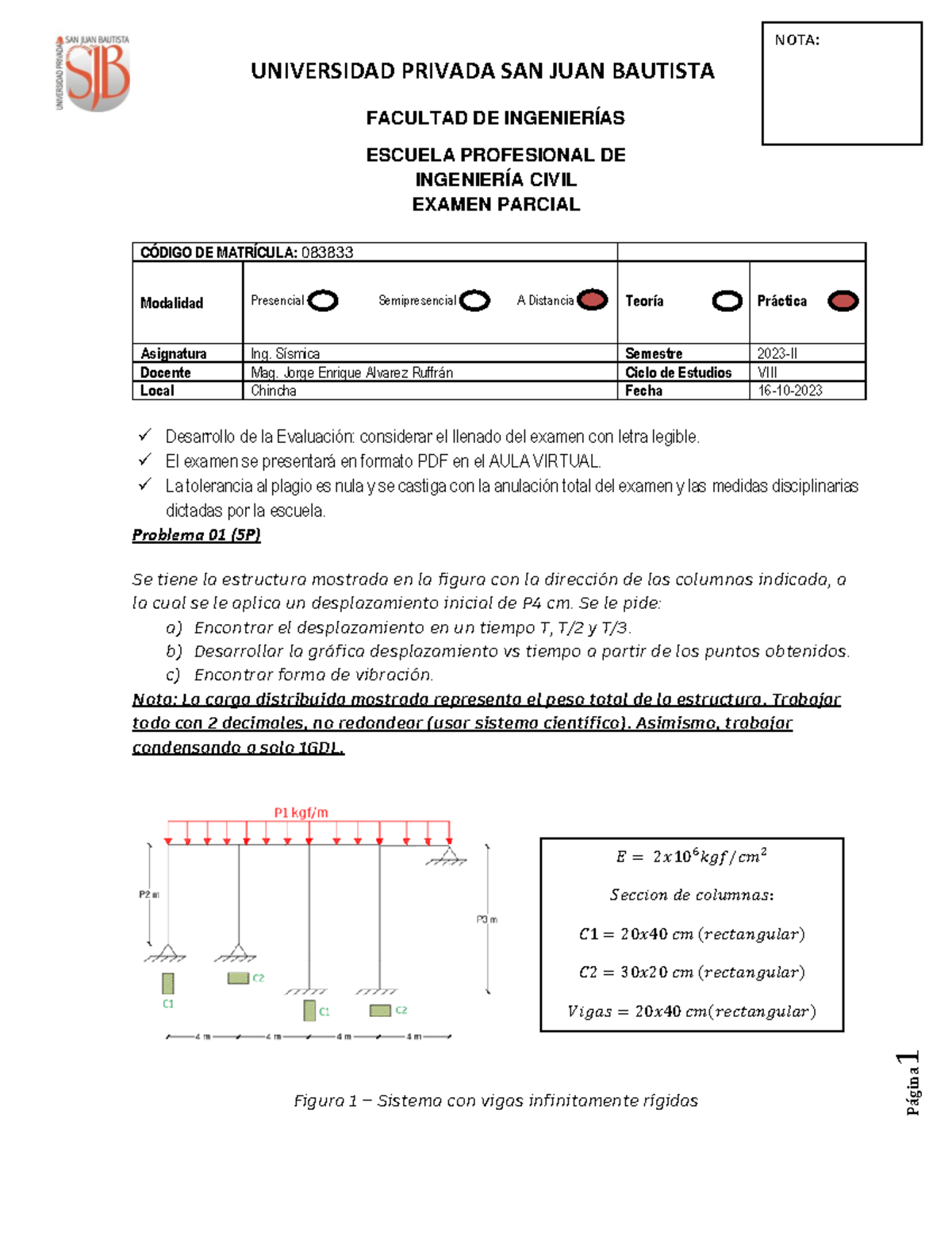 Examen Parcial 2 Ing. Sísmica 2023-II - UN San Juan Bautista - Document Preview
