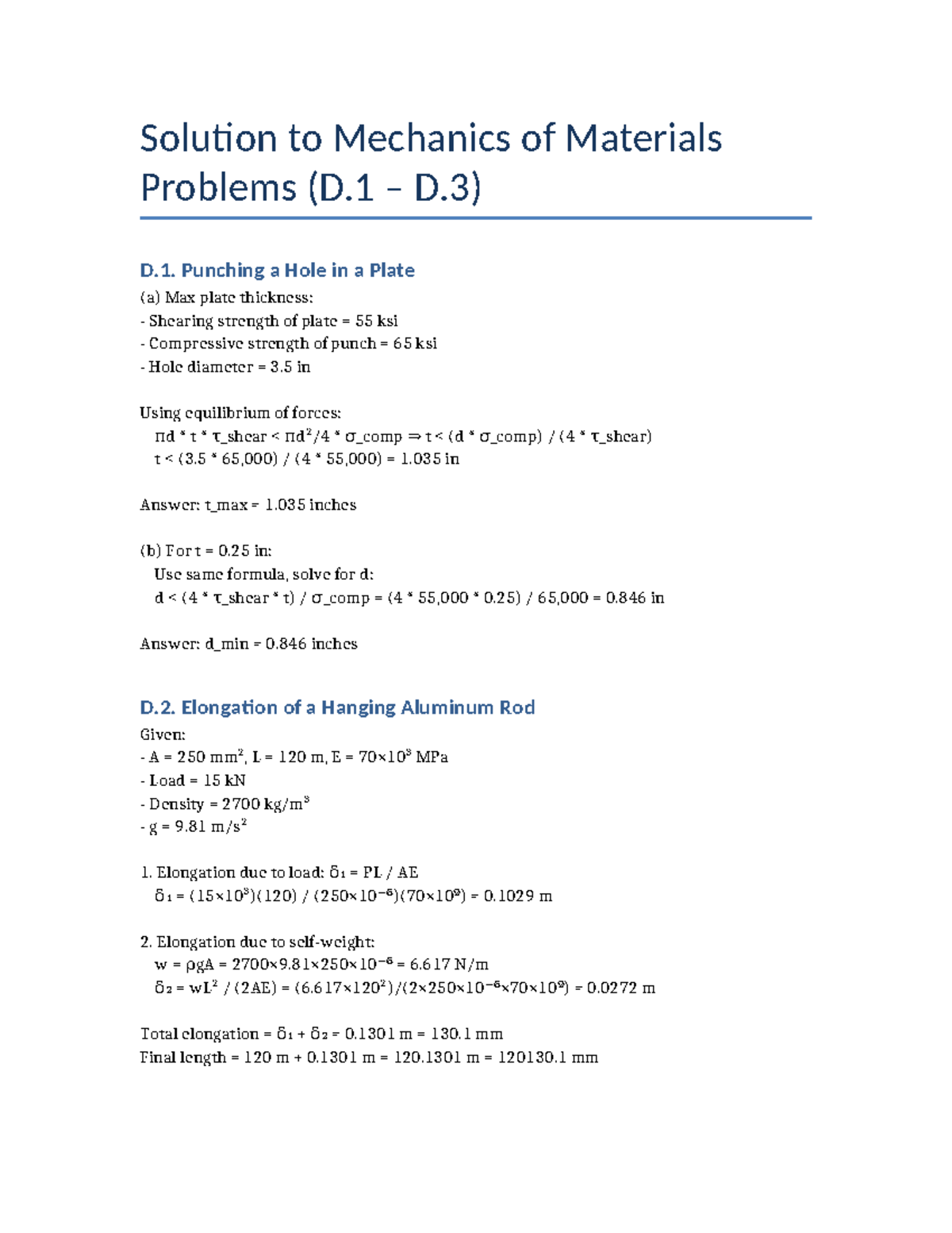 Mechanics of Materials Solutions (D.1, D.2, D.3) - Studocu