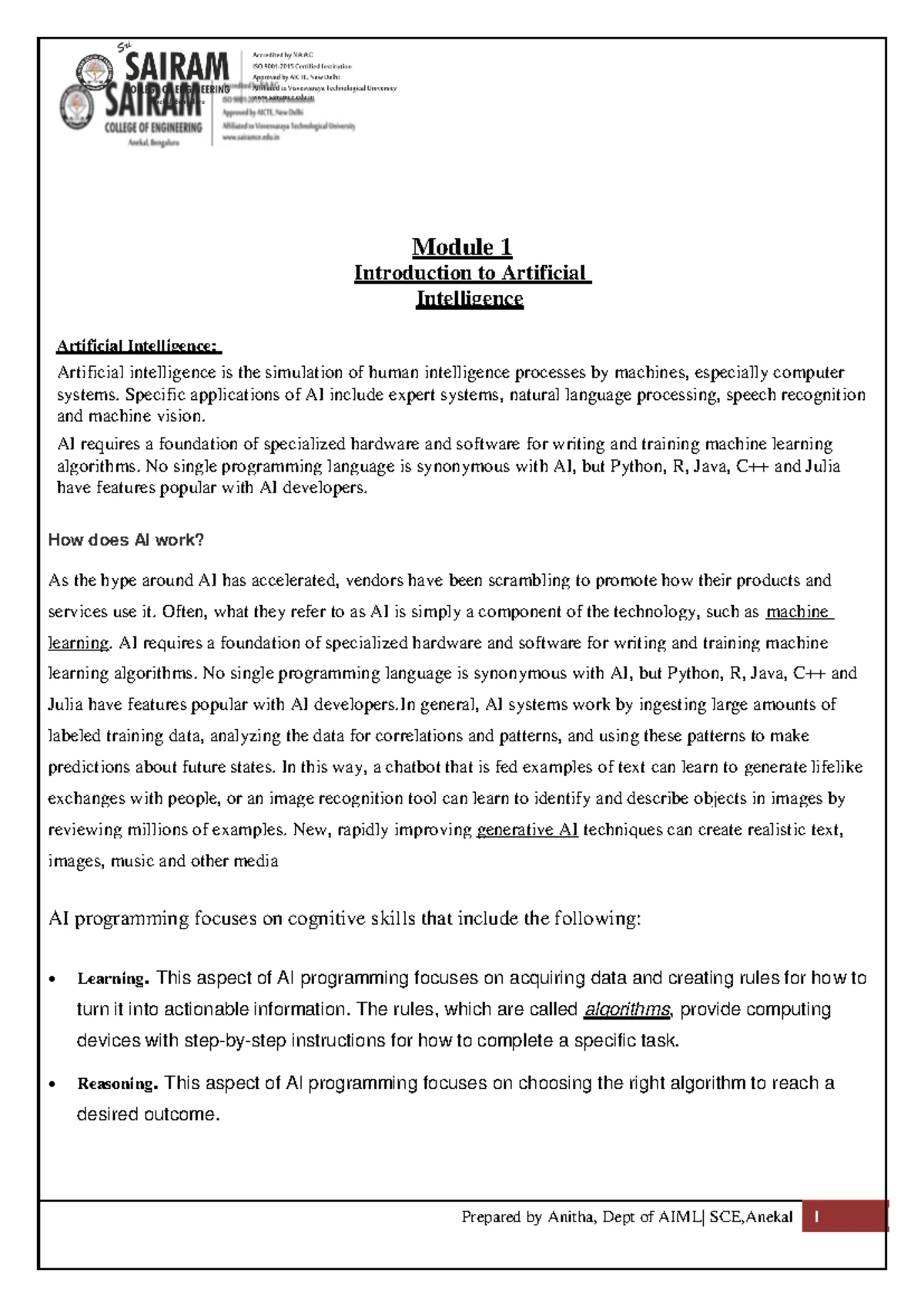 AI 101: Model 1 - Overview of Artificial Intelligence Notes - Studocu