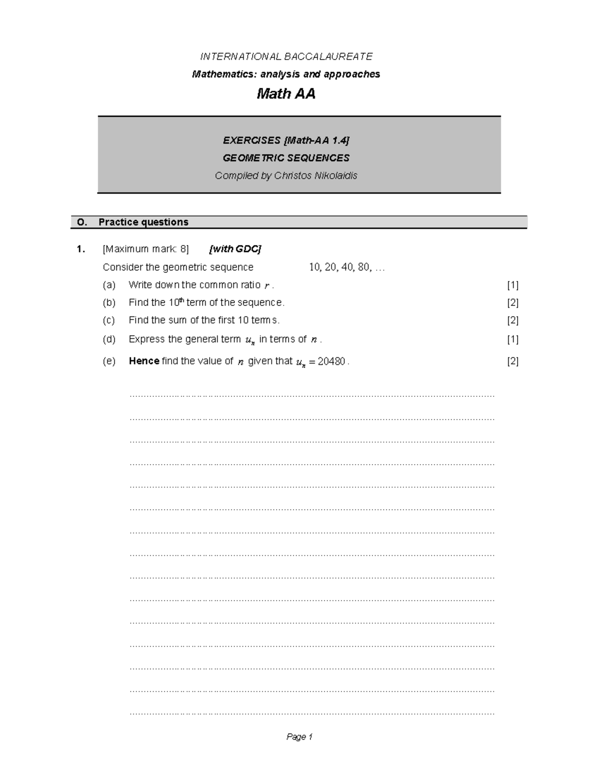 Math AA 1.4: Exercises on Geometric Sequences and Series - Studocu