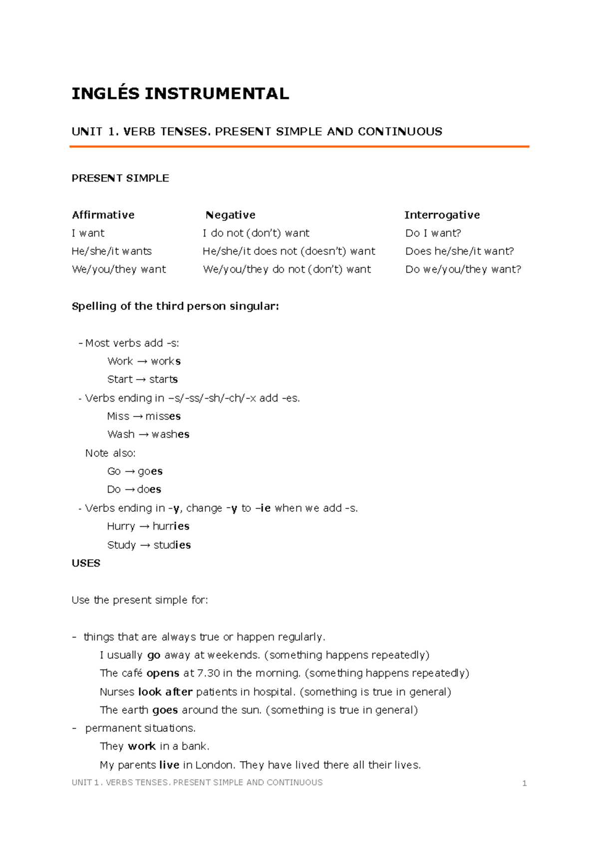 Unit 1. Present Simple & Continuous Tenses Overview - INGLÉS ...