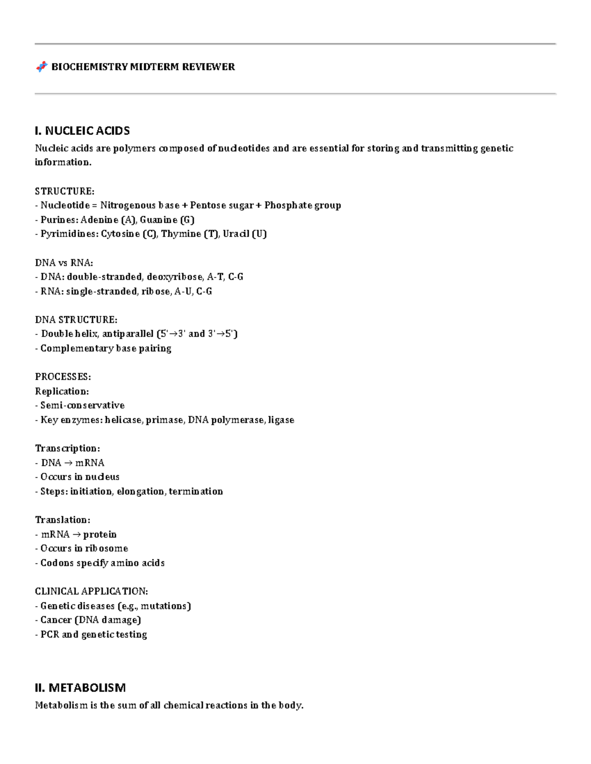 BIOCHEMISTRY MIDTERM REVIEWER: NUCLEIC ACIDS & METABOLISM - Studocu