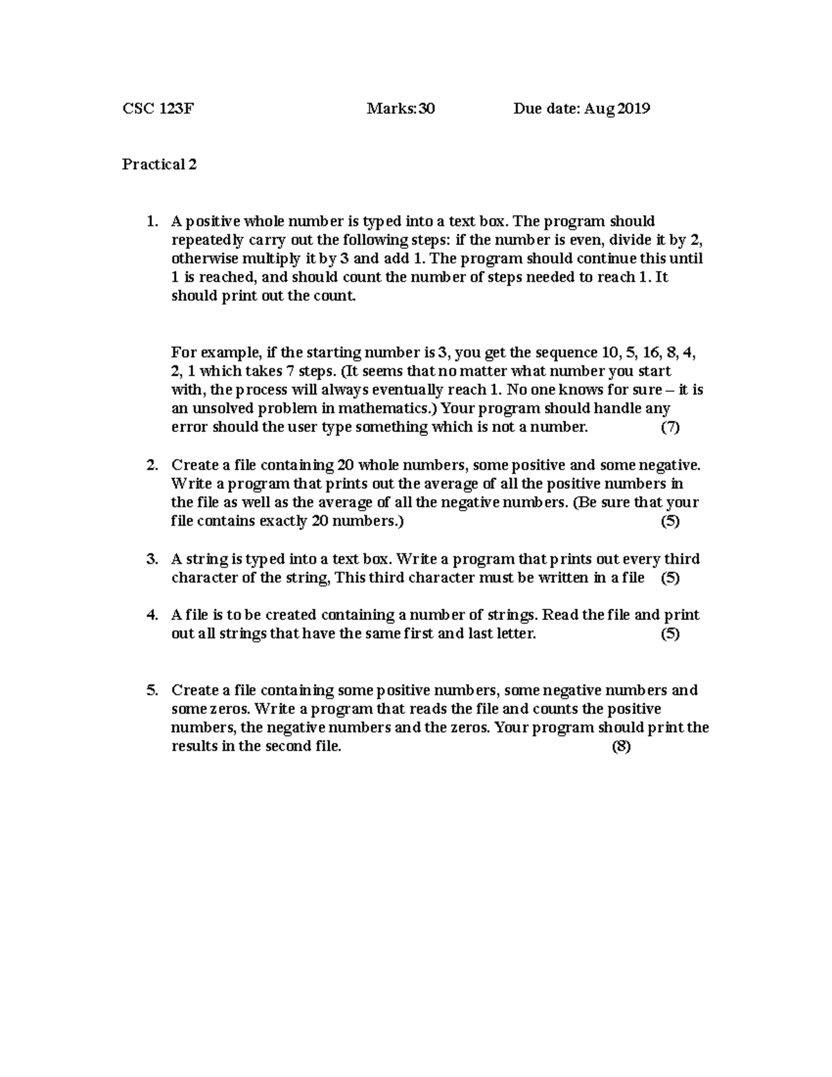 CSC123F Practical 2 - Program Logic and File Handling Exercises - Studocu