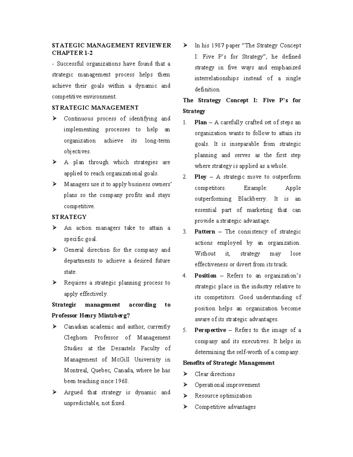Strategic Management Reviewer: Chapter I Insights and Concepts - Studocu