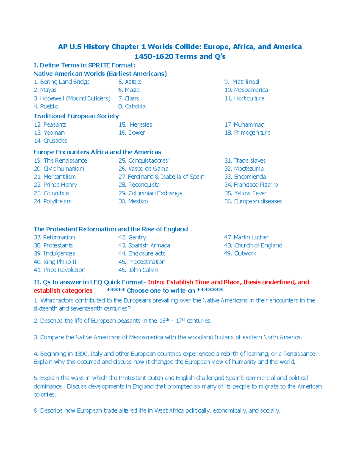 APUSH Ch 1: Worlds Collide - Key Terms & Concepts (1450-1620) Overview ...