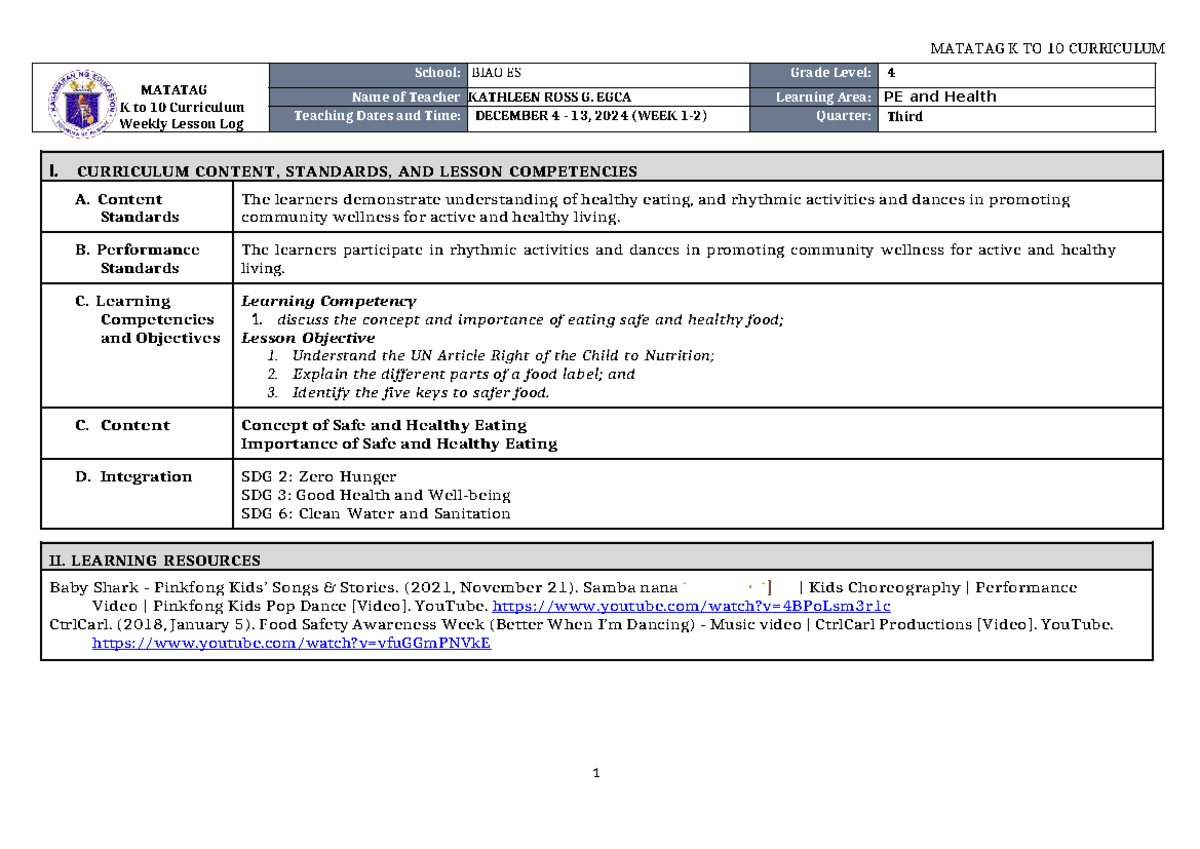 DLL Matatag PE & Health 4 Q3 WEEK1-2 - MATATAG K to 10 Curriculum ...