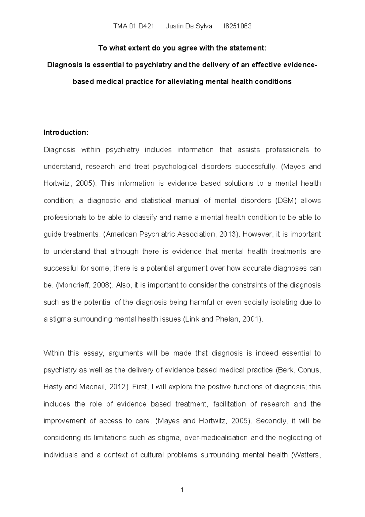 TMA 01 D421 Essay: The Role of Diagnosis in Psychiatry and Mental ...