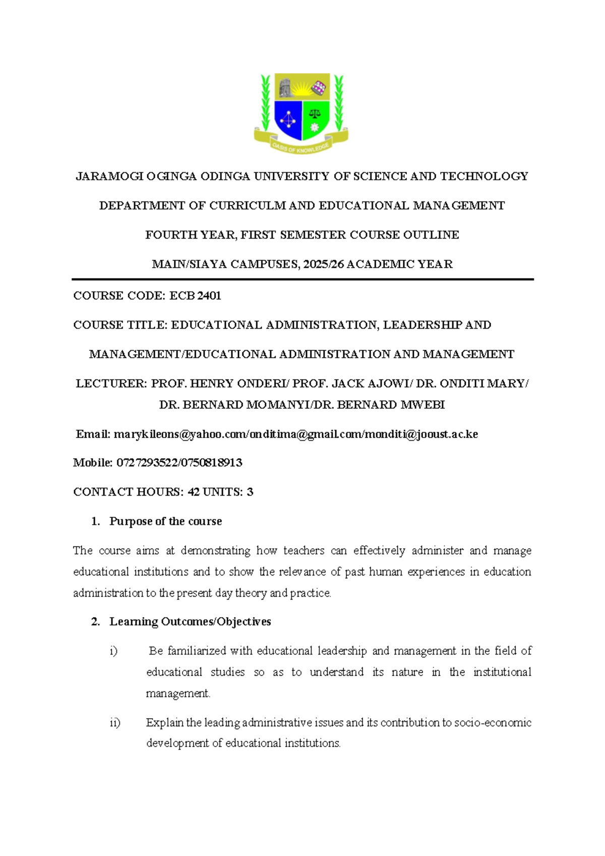 ECB 2401: Educational Administration Course Outline - 2025 Main Campus ...