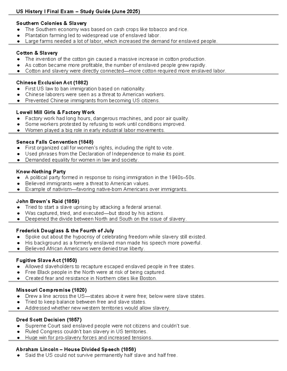 US History I Final Exam Study Guide (June 2025): Key Topics on Slavery ...