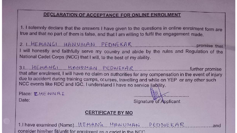 NCC Enrolment Declaration Form - HEMANGI HANUMAN PEDNEKAR - Studocu