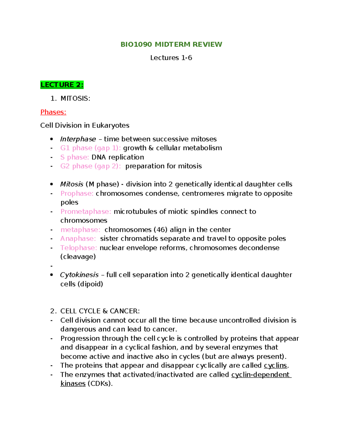 BIO1090 Midterm Study Guide: Mitosis, Meiosis, and Genetics Explained ...