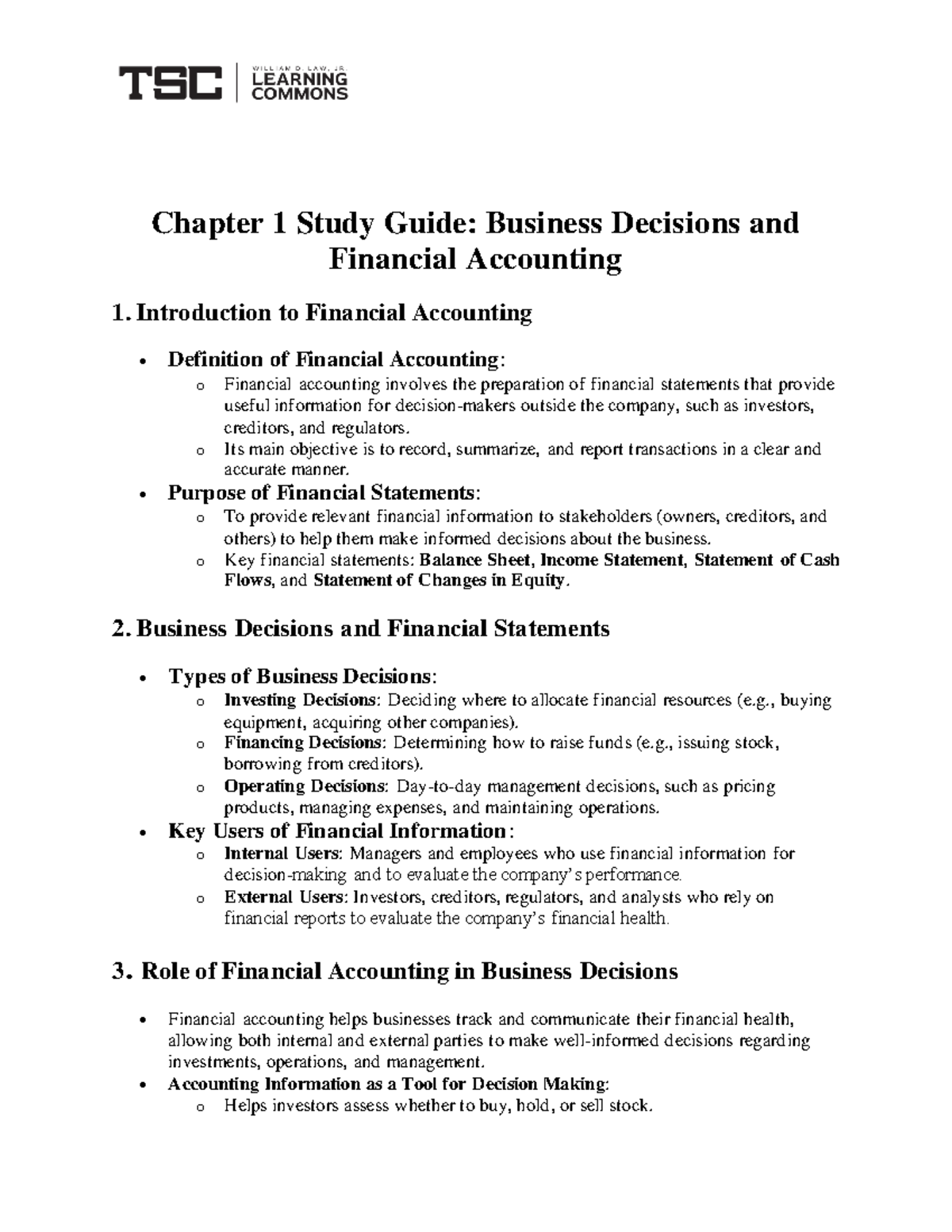 Chapter 1 Study Guide: Business Decisions in Financial Accounting - Studocu