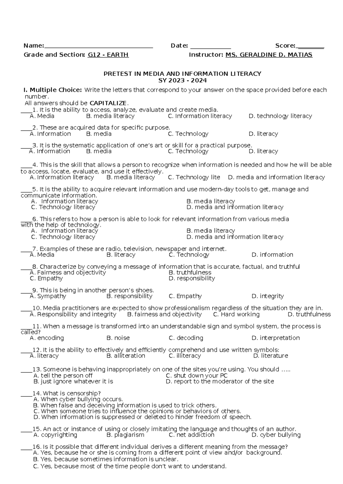 G12 MIL Pretest: Media and Information Literacy for SY 2023-2024 - Studocu