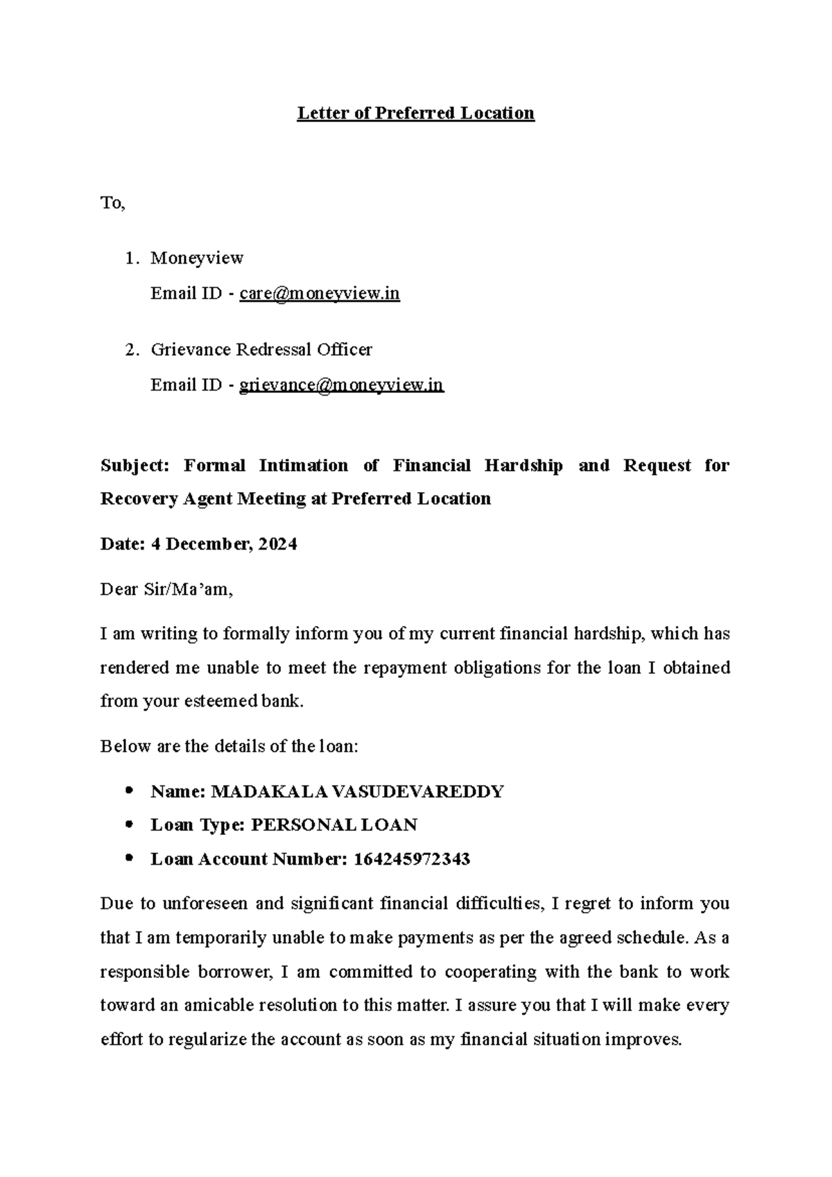 Money View LOPL Vasudeva reddy - Letter of Preferred Location To ...