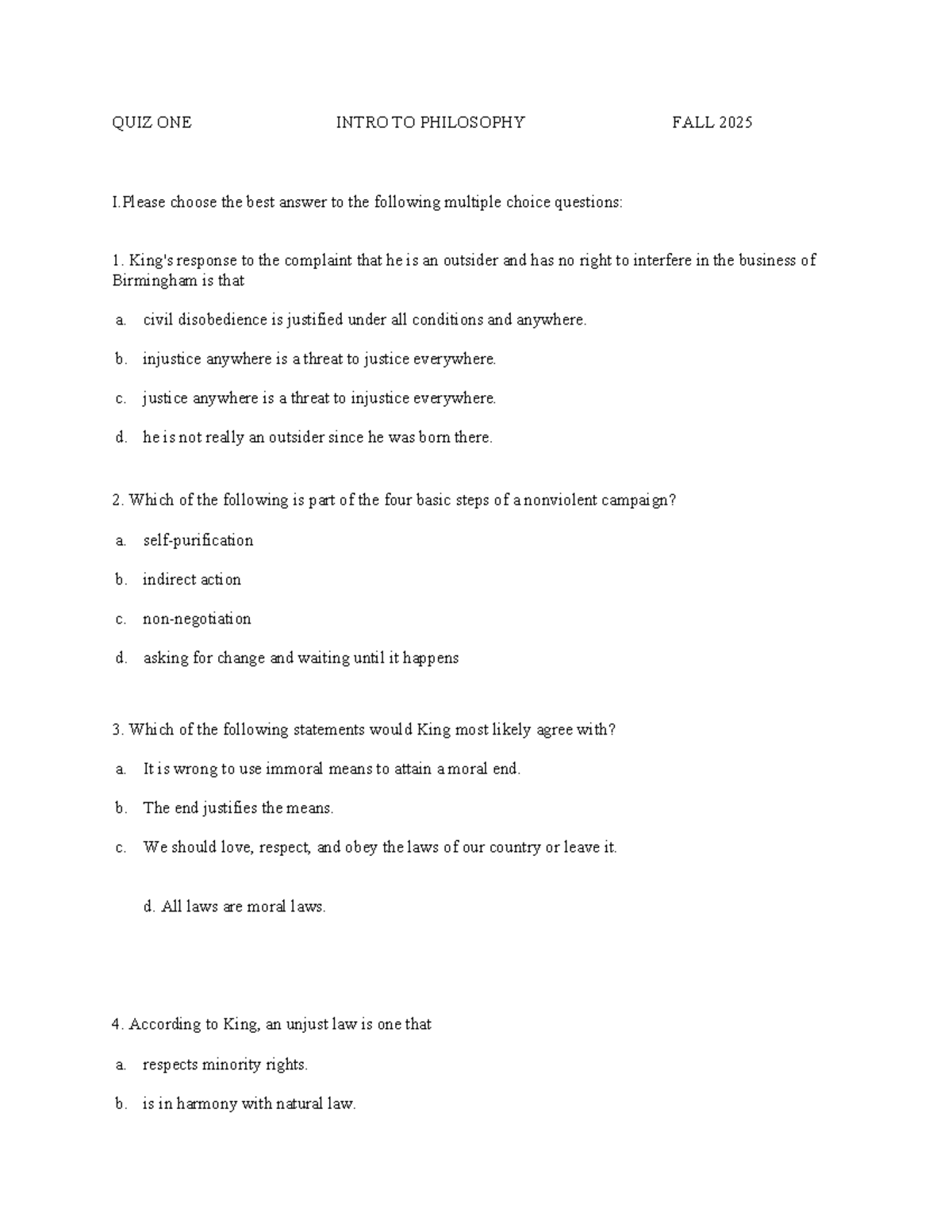 Intro to Philosophy - Quiz One (PHIL 101) Fall 2025 - Studocu