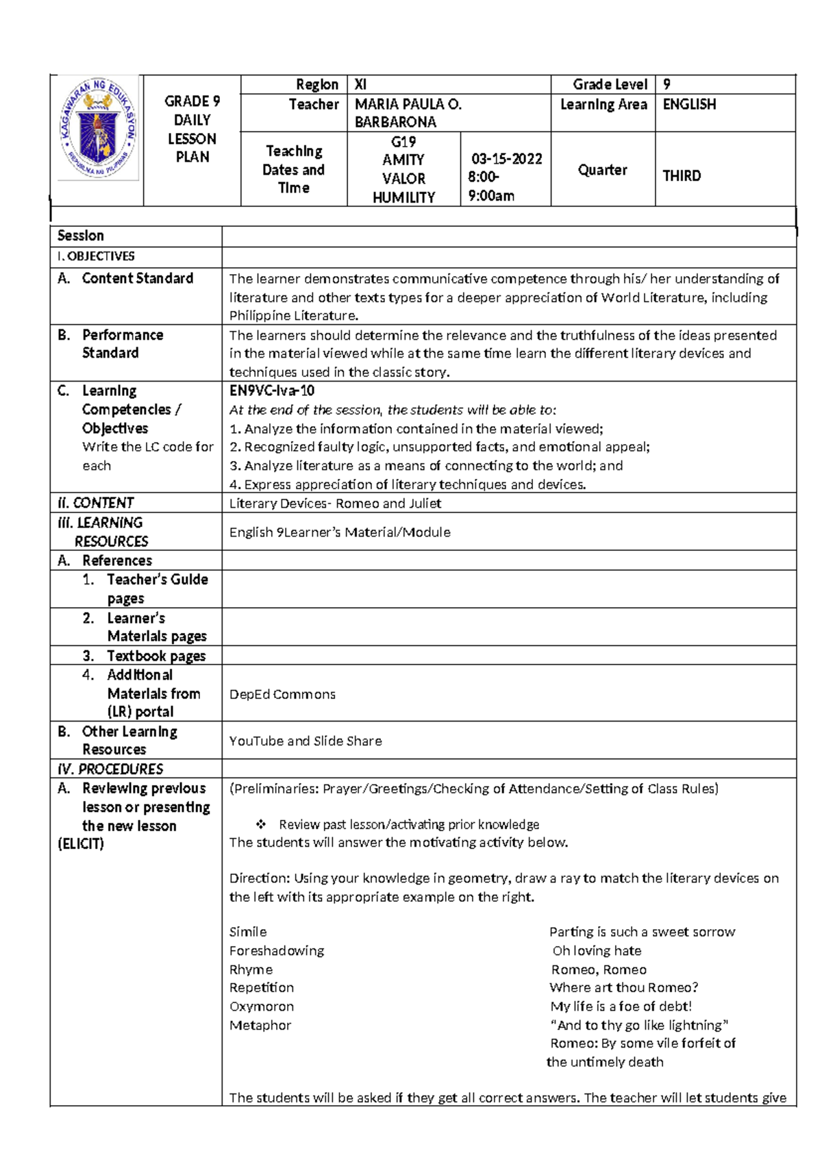 Grade 9 COT - English Lesson Plan on Literary Devices - Studocu