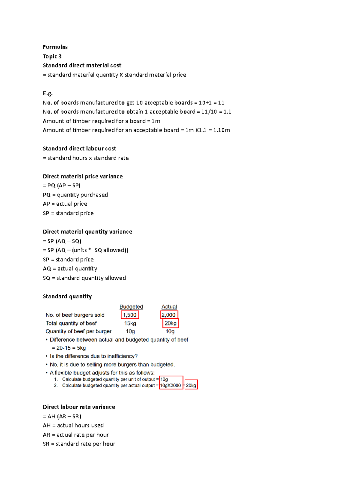 Formulas - all forumulas - Formulas Topic 3 Standard direct material ...