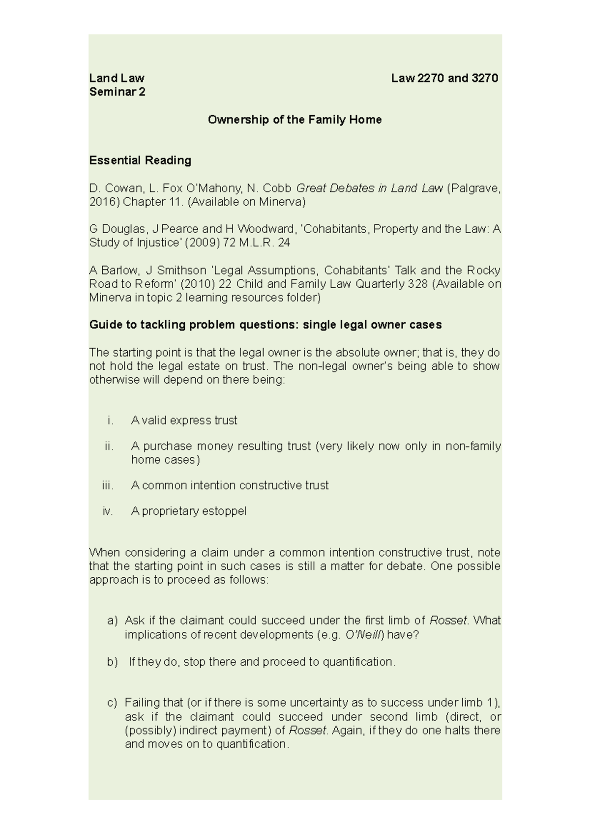 Seminar 2: Ownership of the Family Home in Land Law 2270 & 3270 - Studocu