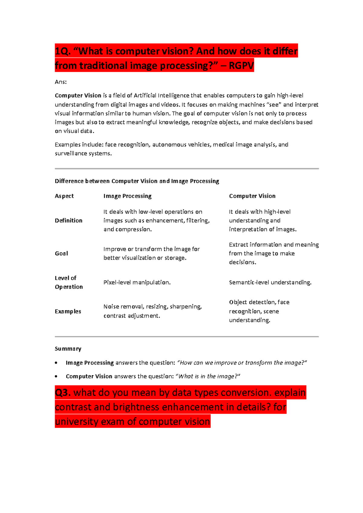 CV Mid Sem - Computer Vision Short Notes and Key Concepts - Studocu