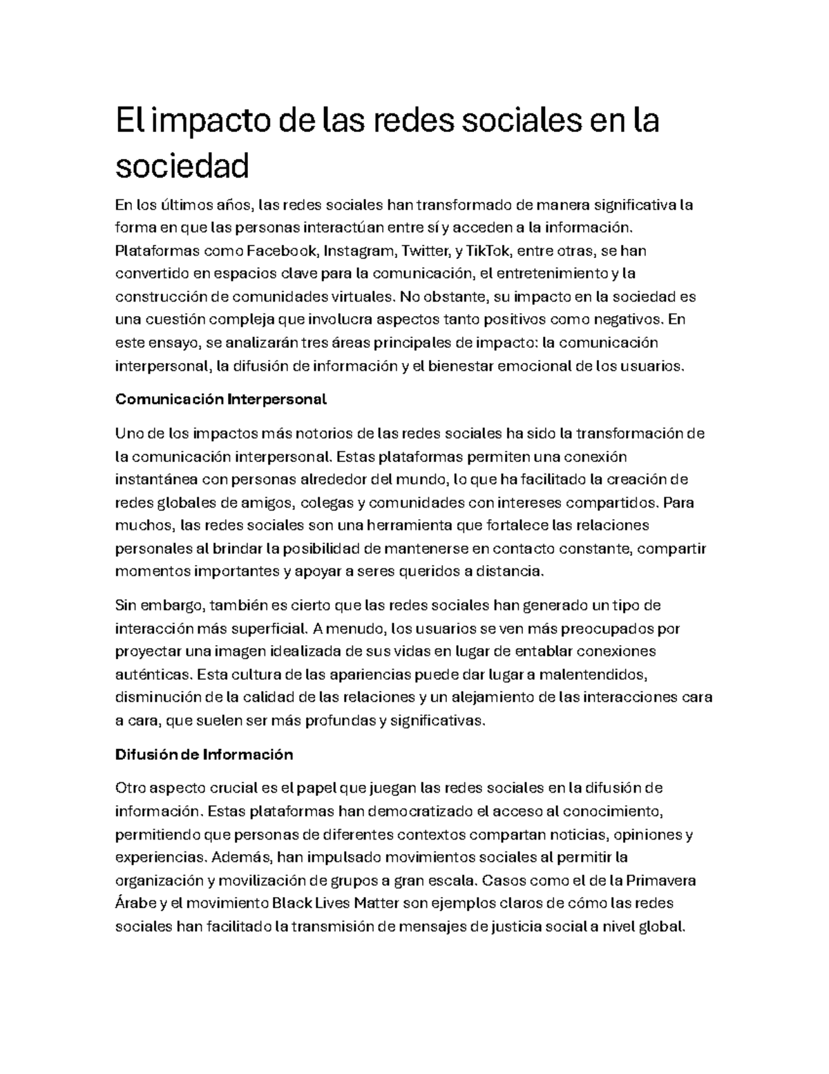 Ensayo - El Impacto de las Redes Sociales en la Sociedad - Studocu