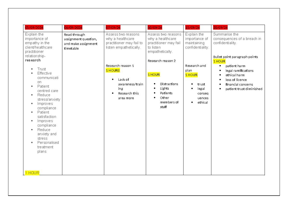 Assignment 3 - timetable of learning - 05/09/2024 06/09/2024 07/09/24 ...