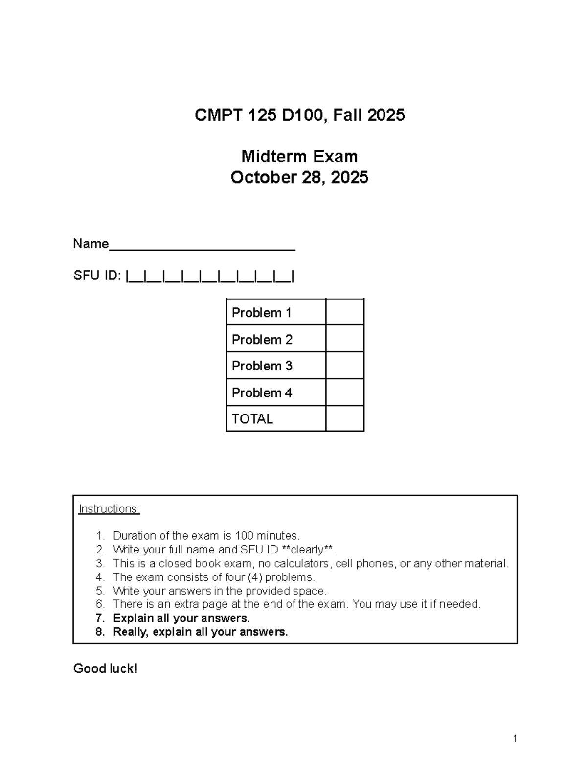 CMPT 125 D100 Fall 2025 Midterm Exam Instructions & Problems - Studocu