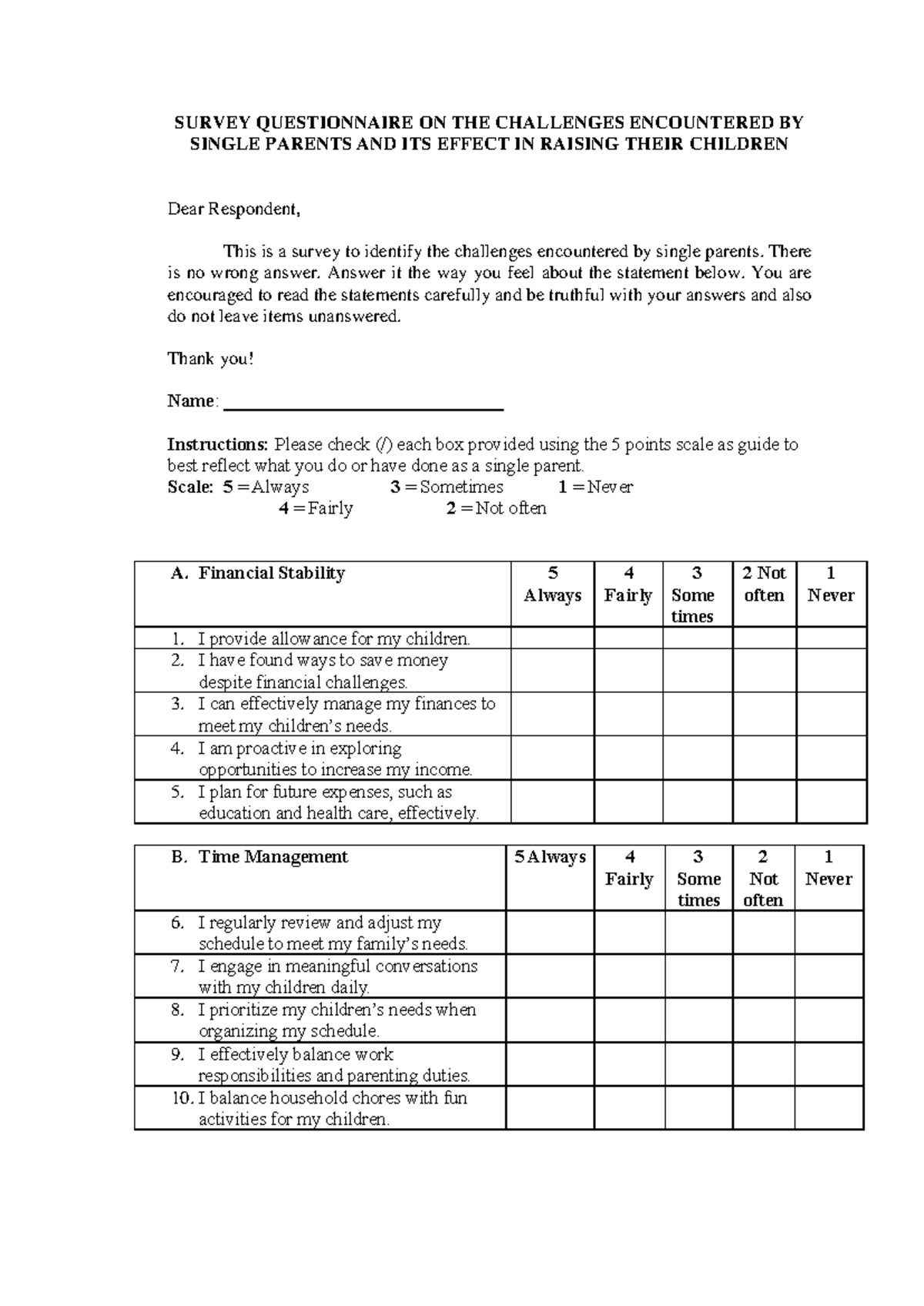 Survey Questionnaire on Challenges Faced by Single Parents - Studocu