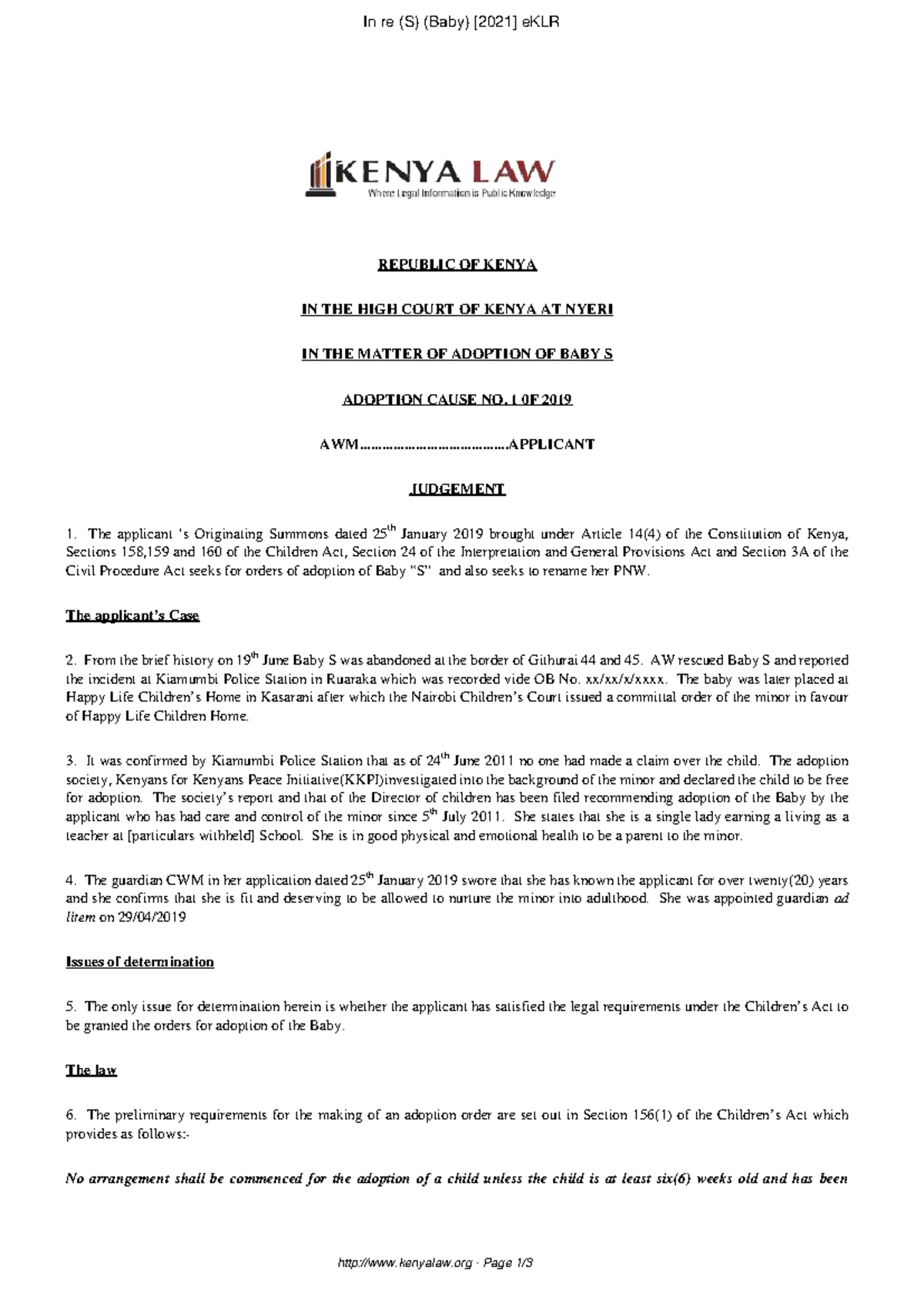 Adoption Cause No. 1 of 2019: In re Ba S - High Court Judgment - Studocu