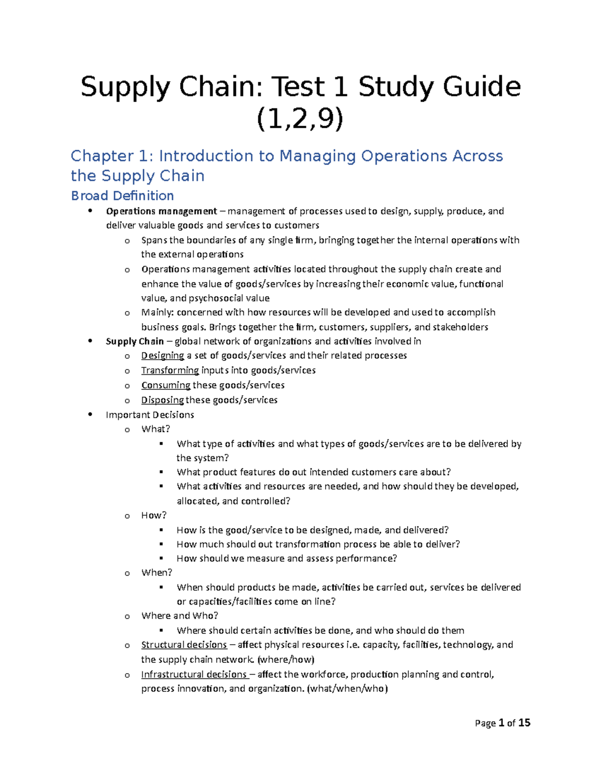 Supply Chain (SCM 101) - Test 1 Study Guide and Notes - Studocu