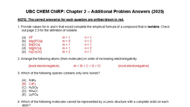 UBC CHEM ChIRP: Chapter 2 Additional Problems Answers (2025) - Studocu