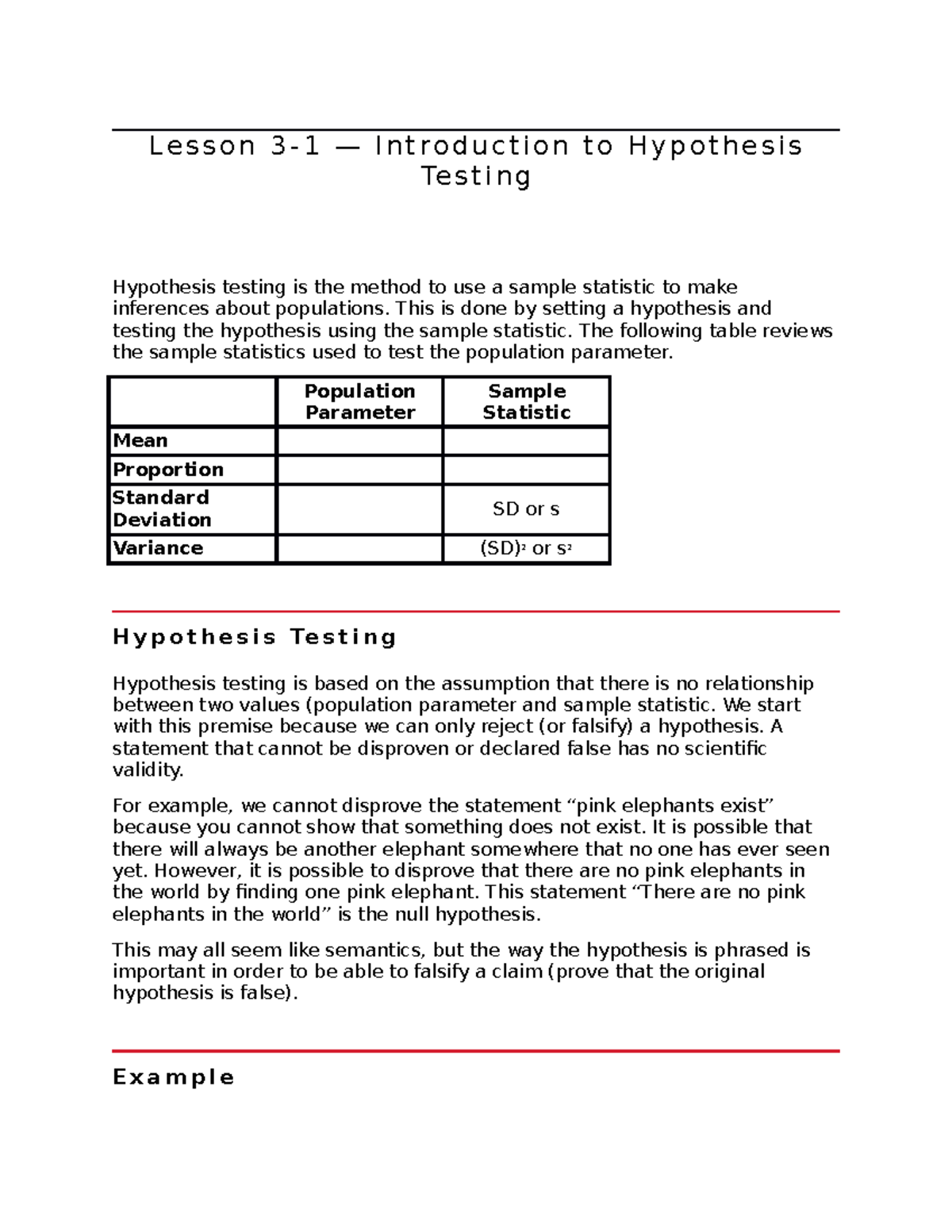 Lesson 3 - Introduction to Hypothesis Testing - L e s s o n 3 - 1 — I n ...