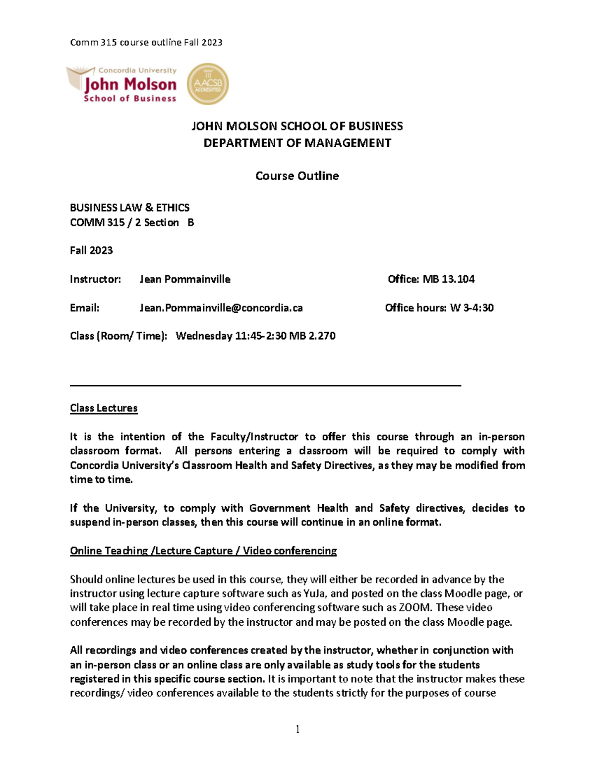 COMM 315 Course Outline: Business Law & Ethics Fall 2023 - Studocu