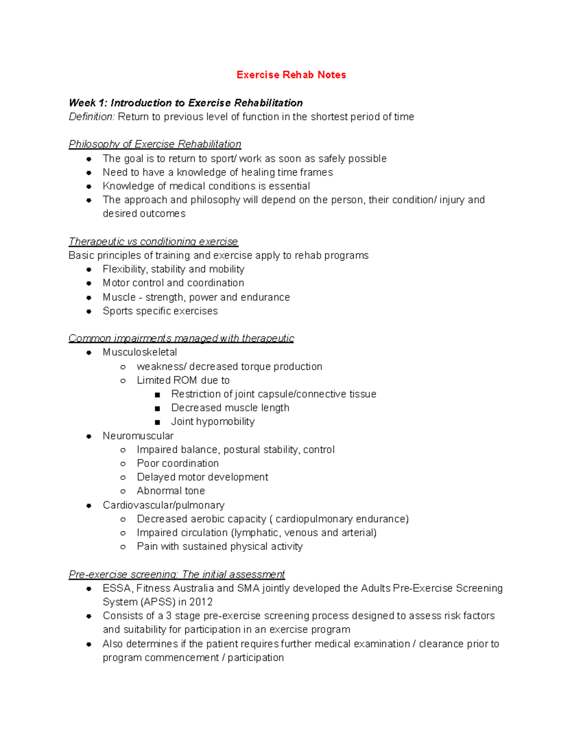 Exercise rehab notes week 1-8: Fundamentals and techniques for recovery ...