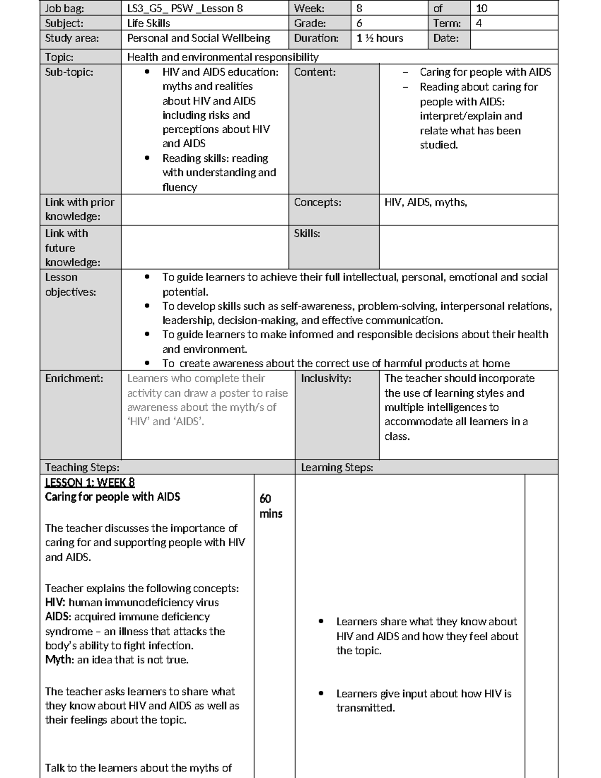 LS4_G6_PSW_Lesson_8_HIV_and_AIDS_Education_Notes - Studocu