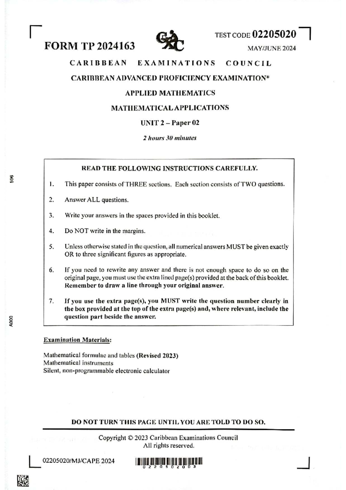 2024 CAPE Applied Mathematics Unit 2 Paper 02 Past Exam Questions - Studocu