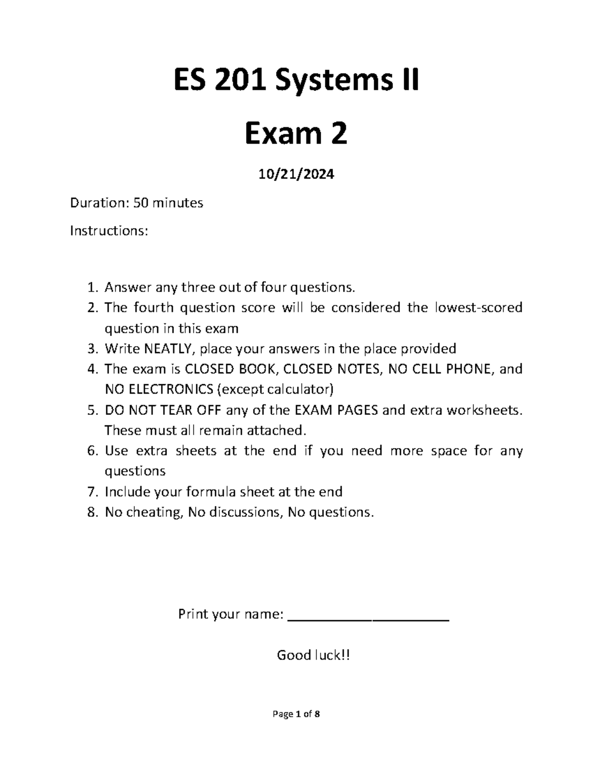 ES 201 Systems II - Exam 2 Instructions and Questions - Studocu