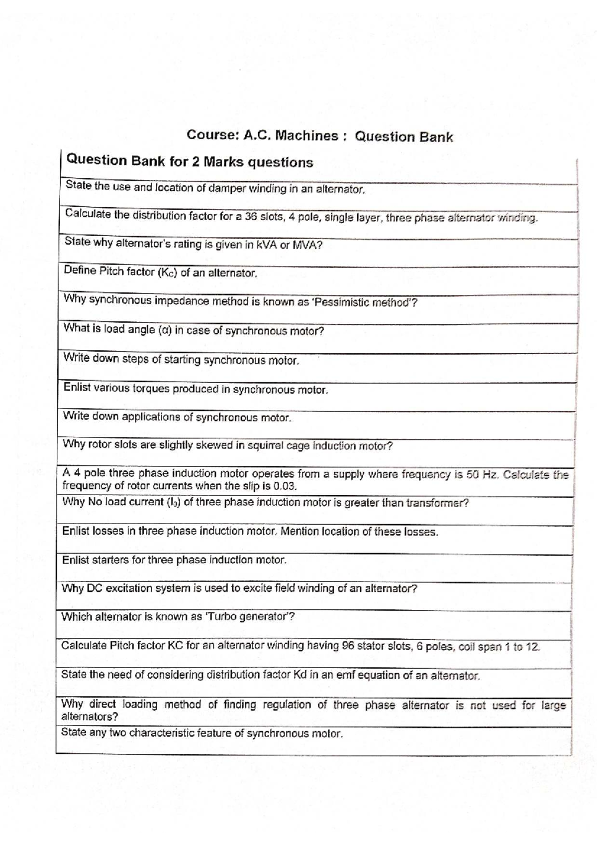 A.C. Machines (A.C.M.) Question Bank: 2 Marks Q&A Guide - Studocu