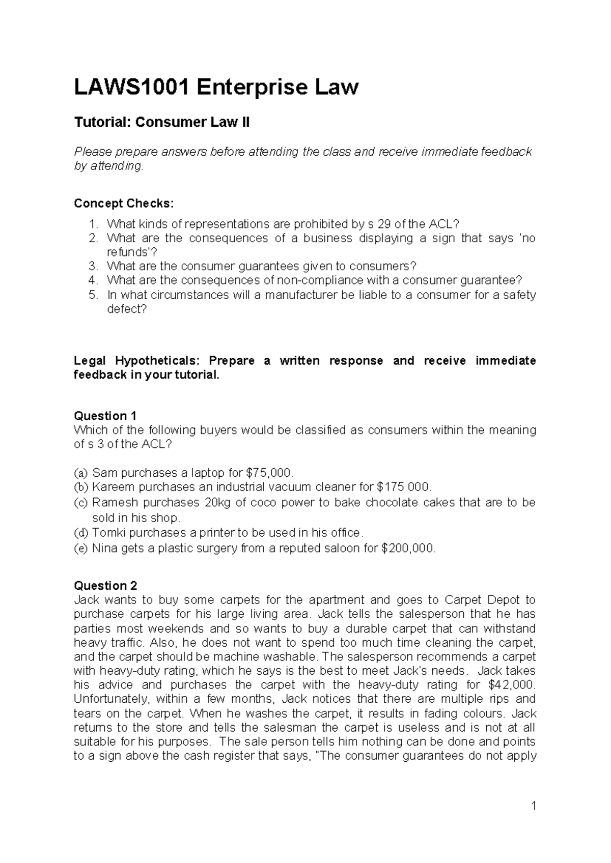 LAWS1001 Consumer Law II Tutorial: Key Concepts & Hypotheticals - Studocu