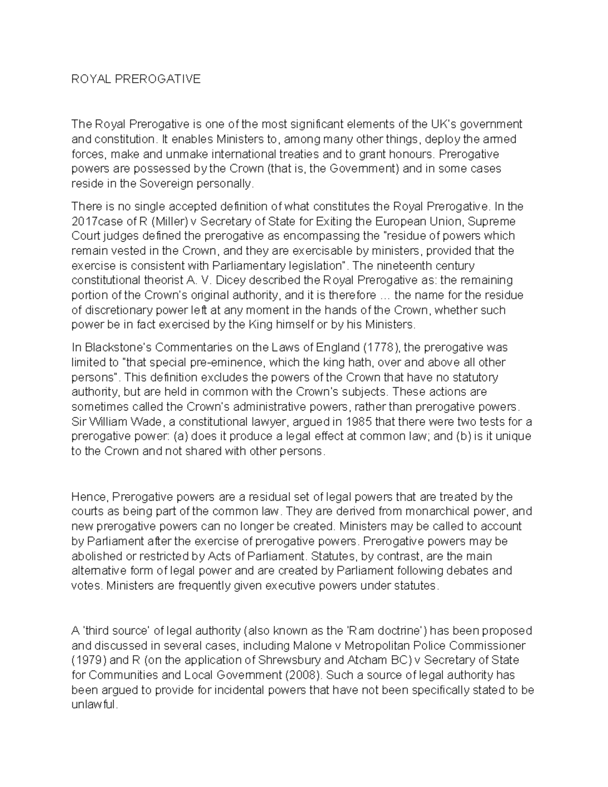 UK Government Royal Prerogative: Overview and Legal Implications - Studocu