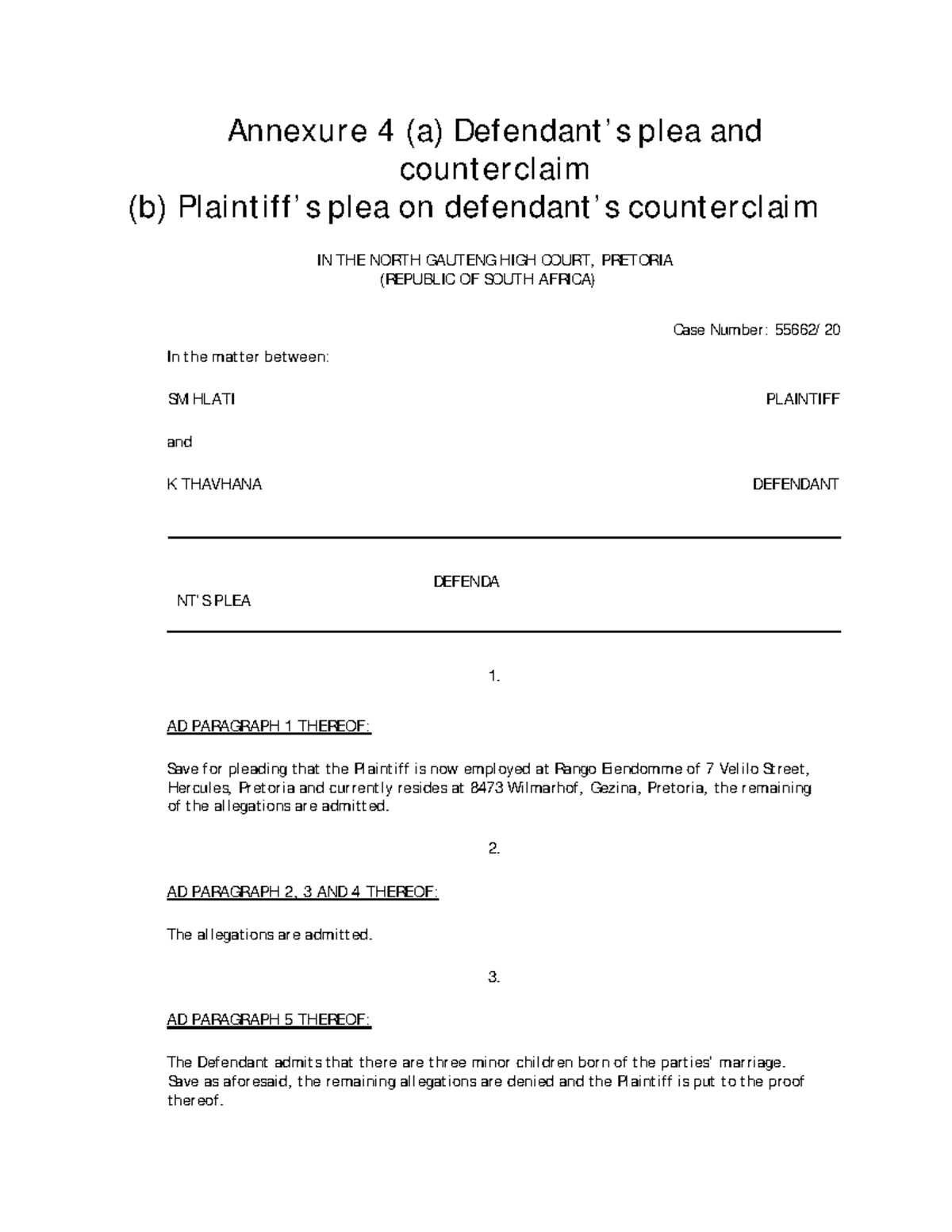 Plea and Counterclaim Notes - Case 55662/ in GAUTENG High Court - Studocu