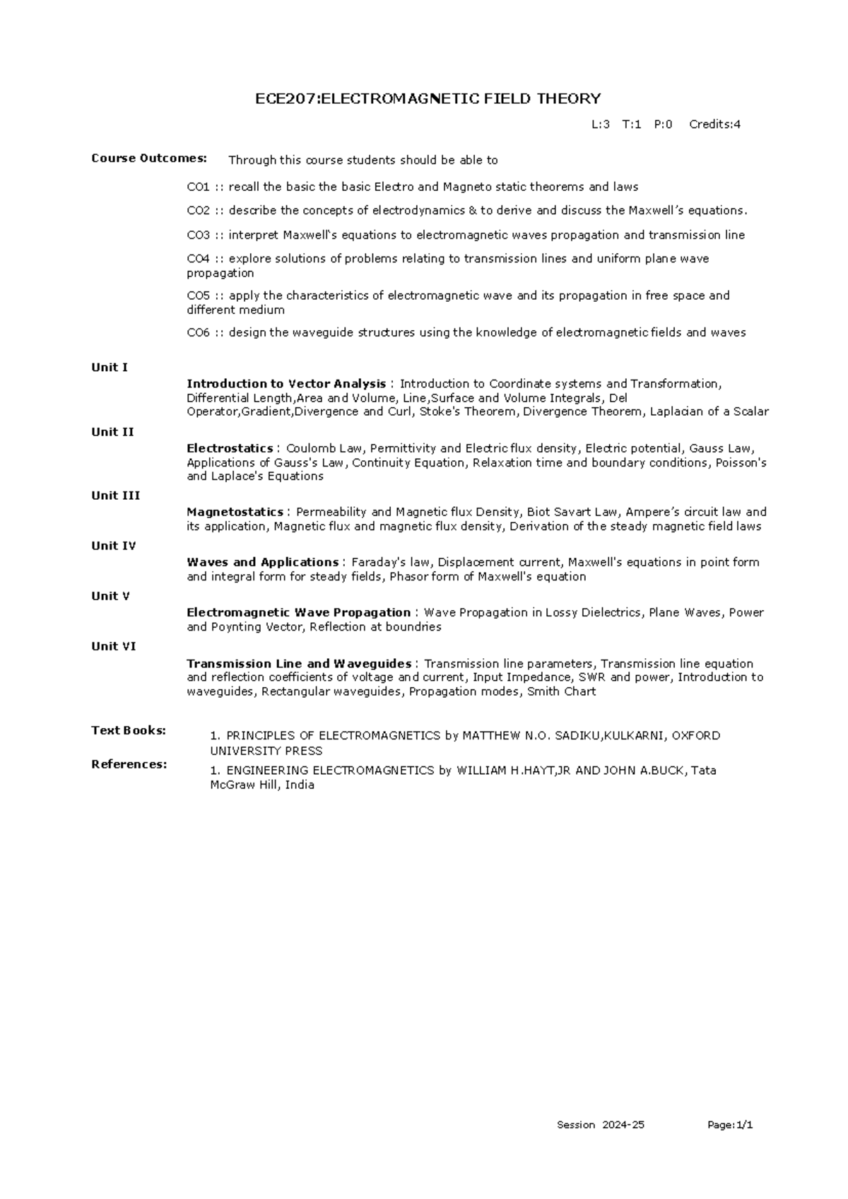 ECE207: EMFT Syllabus - Electromagnetic Field Theory Overview - Studocu