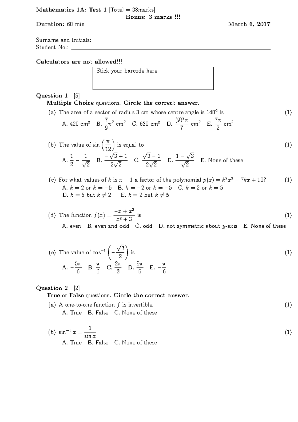 Math131-test1-2017 - Test 1 2017 - Mathematics 1A: Test 1 [Total ...