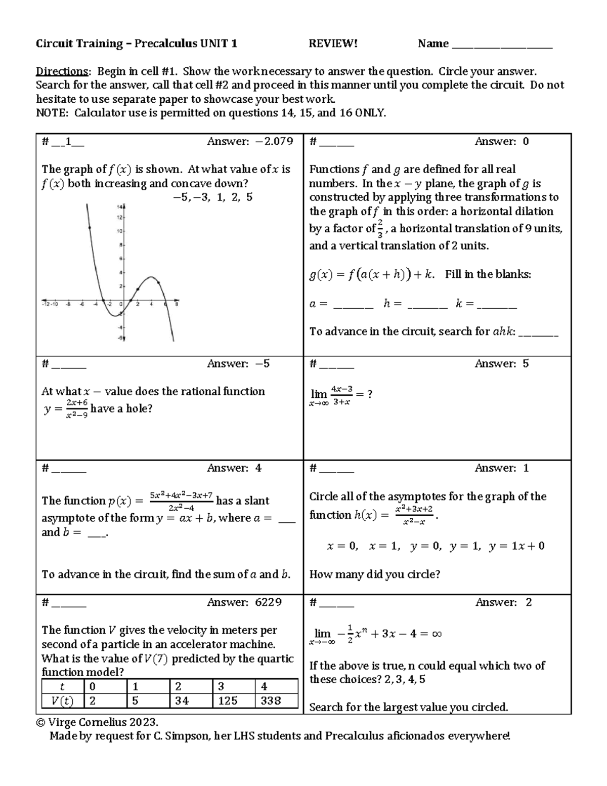 Circuit Training Precalculus UNIT 1 Review - Practice Problems - Studocu