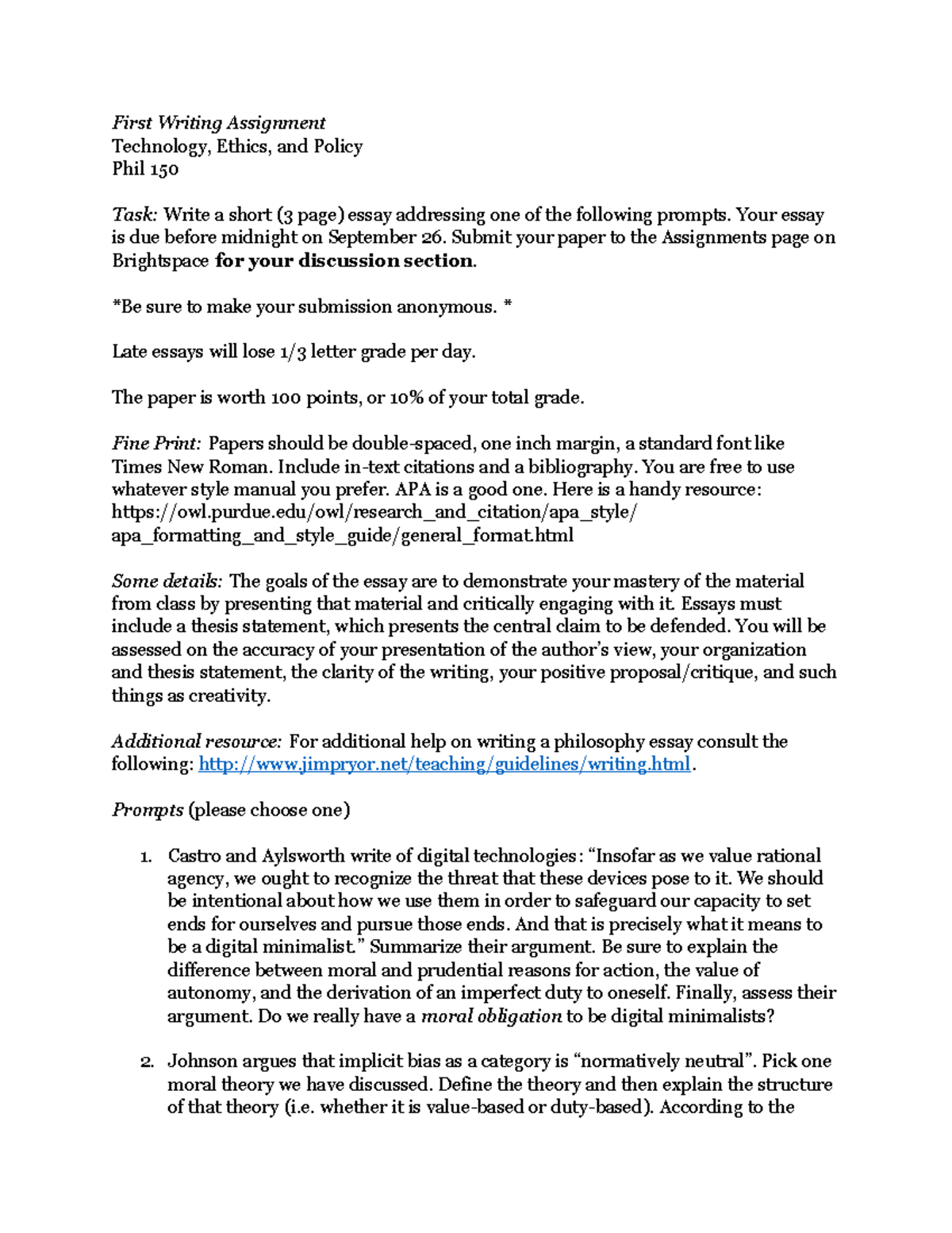 Phil 150: First Writing Assignment Guidelines and Essay Prompts - Studocu