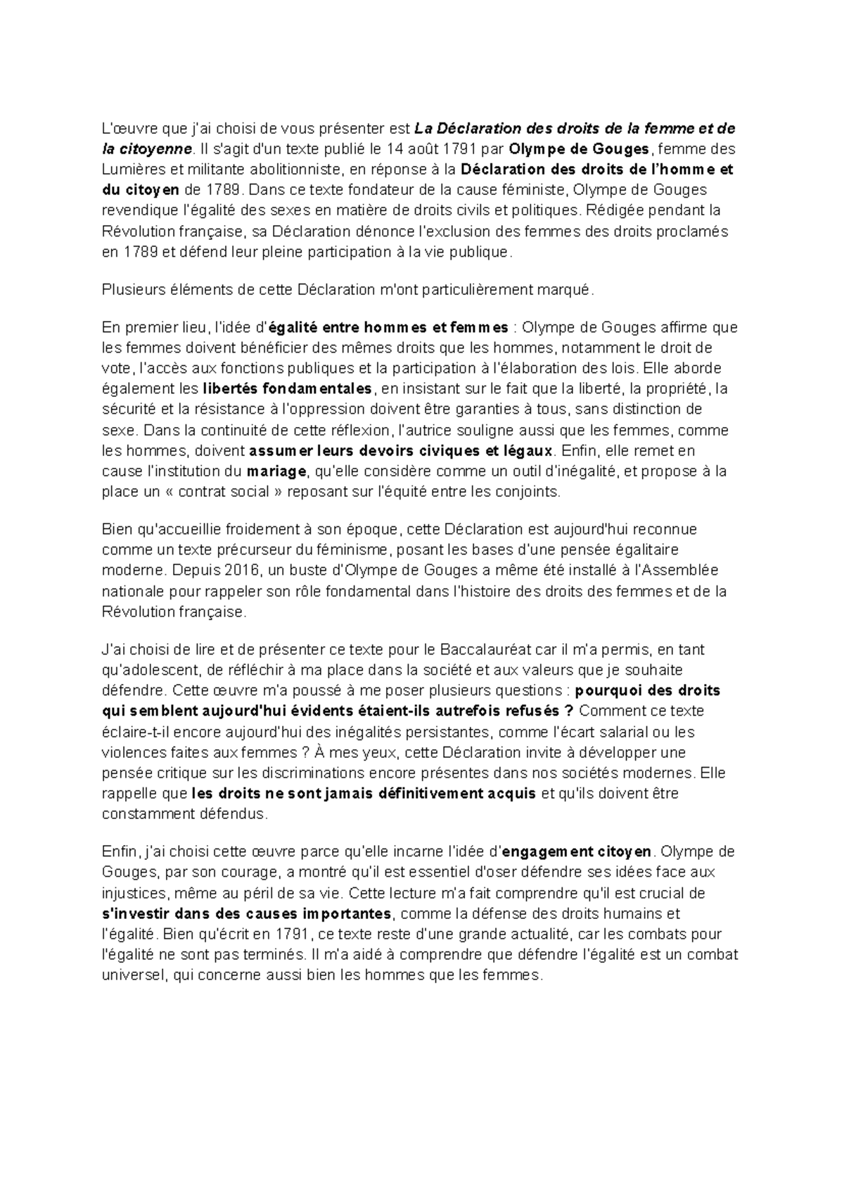 Oral entretien - exemple d'oral de francais premiere - L’œuvre que j’ai ...