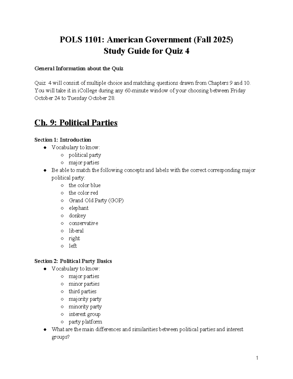 POLS 1101: Study Guide for Quiz 4 on Political Parties & Legislation ...